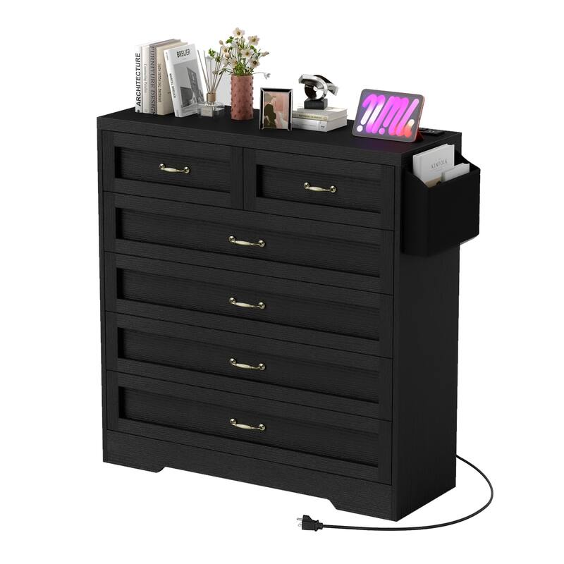 Vintage Double Dresser Chest of Drawers with Charging Station and Side Organizer Bag - Black - 6-drawer