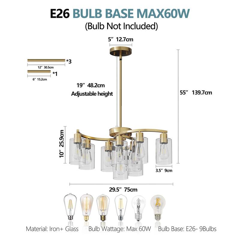 9-Light Glass Chandelier, Adjustable Height Dining Room Light Fixtures Over Table, Contemporary Hanging Chandelier