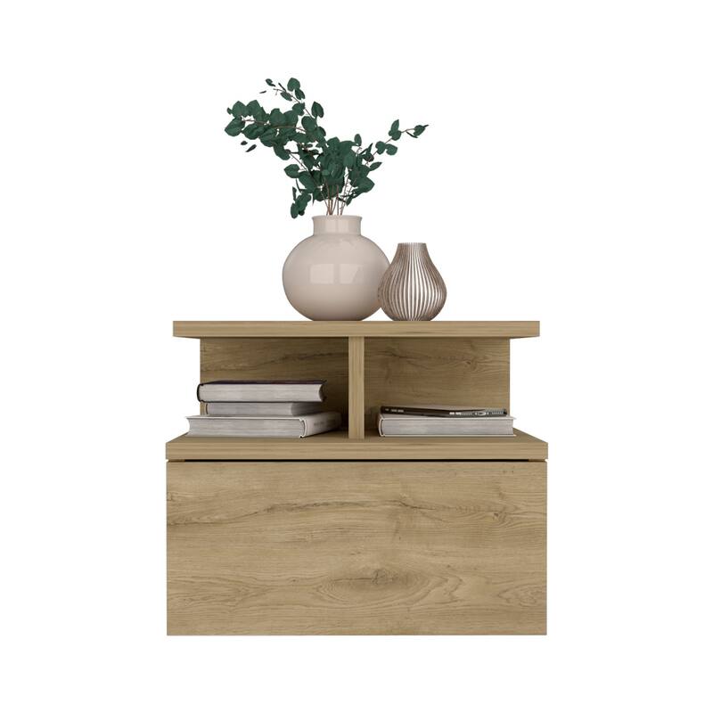Wall-Mounted Nightstand with Drawer and 2-Tier Shelf, Macadamia