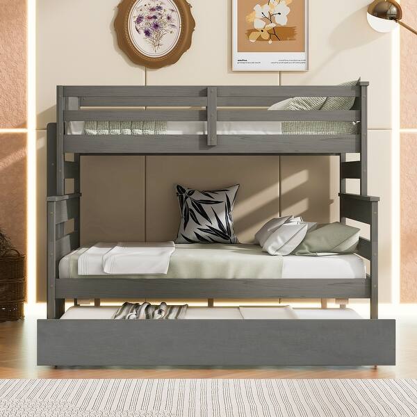 slide 2 of 13, Twin/Full Bunk Bed Slat Support Bed Frame with Trundle - Grey Gre - Full