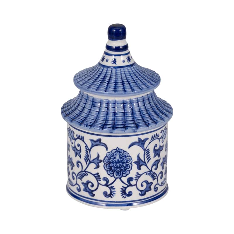 Sagebrook Home 8" Ceramic Plumeria Chinoiserie Pagoda Candle - Blue/White - 5" x 5" x 8"