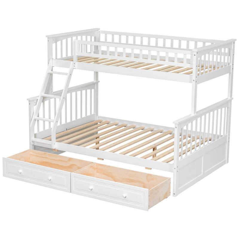 Wooden Storage Bunk Bed Frame with Fence-shaped Guardrails and Pull-out Drawers, Convertible 2 Platform Beds, Detachable Design