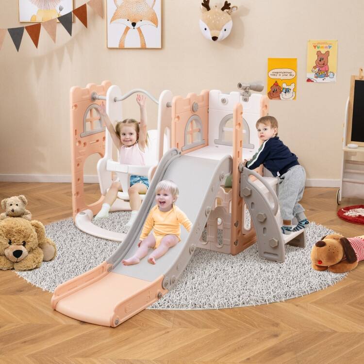 Pink-White HDPE 7-in-1 Kids Slide Set with Swing and Basketball Hoop - 56" x 65" x 33.5" (L x W x H)