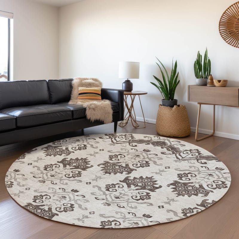 Machine Washable Indoor/ Outdoor Chantille Damask Medallion Rug