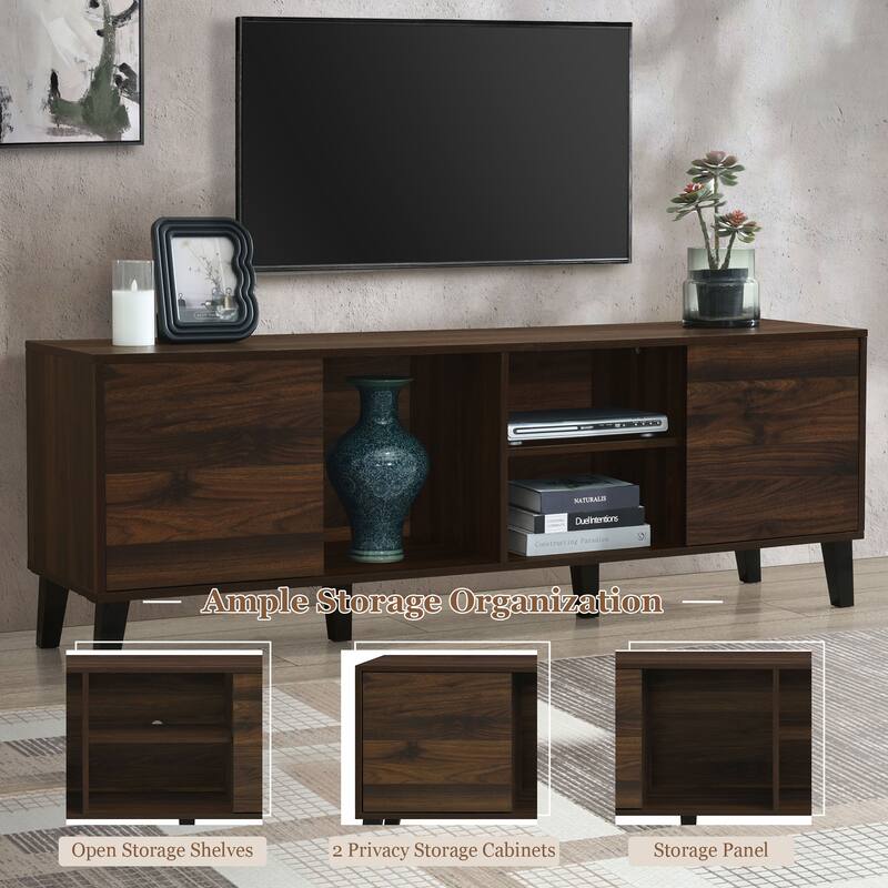 Roomfitters Mid Century TV Stand with 2 Cabinets, Console for 70" TVs, Entertainment Center for Living Room, Dark Brown