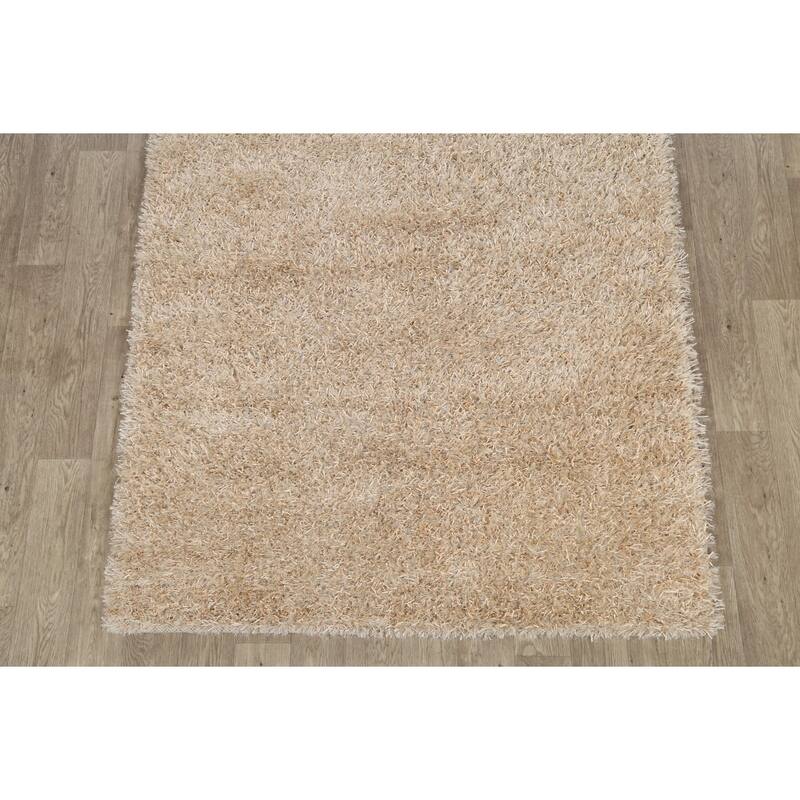 Hand Knotted Oriental Polyester Carpet Modern Contemporary Beige & Ivories Shaggy Area Rug - 7' 5'' X 5' 3''