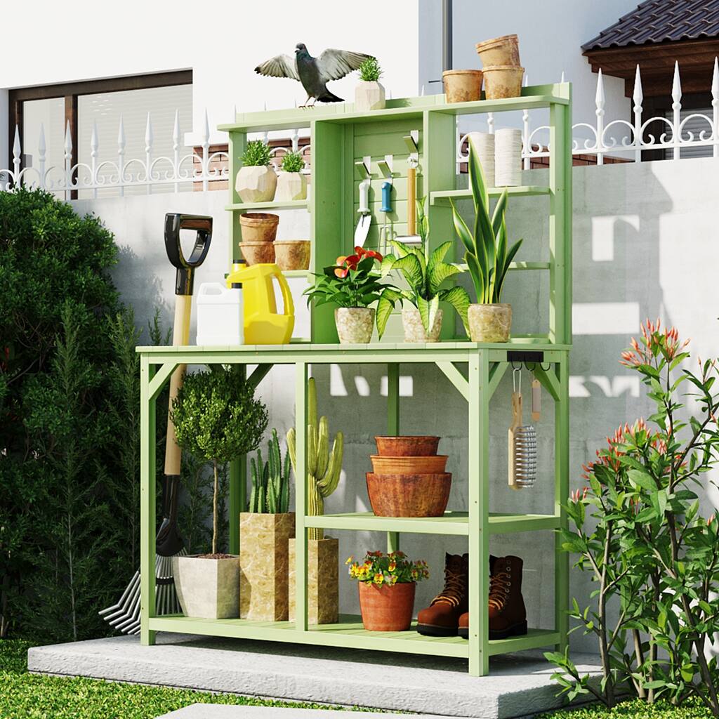 64.6" Large Outdoor Potting Bench, Garden Potting Table, Wood Workstation with 6-Tier Shelves