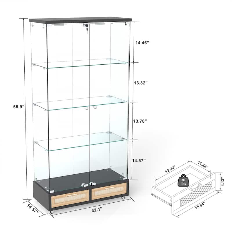65.9" Modern Glass Display Cabinet with LED Lights, 2 Large Drawers & 4 Shelves, Lockable Storage Case