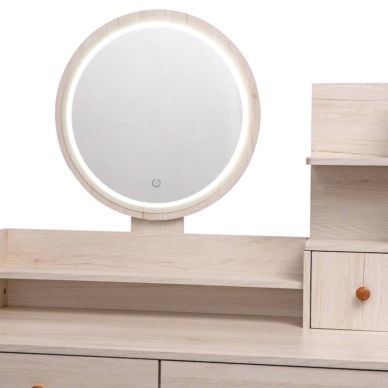 Stylish Vanity Table,Cushioned Stool,Touch Control LED Mirror,Large Capacity Storage Cabinet,5 Drawers,Length Adjustable