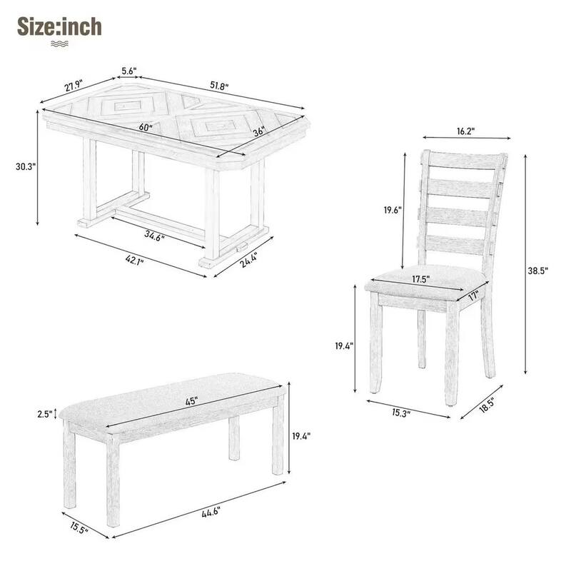 Vintage Style 6-piece Dining Set with Octagon Table, Bench and 4 Upholstered Chairs