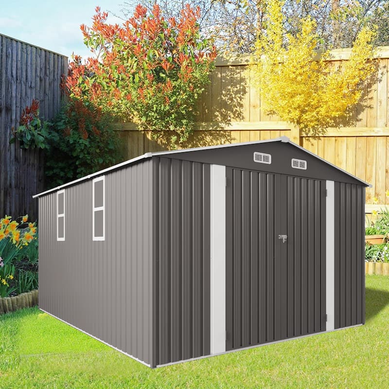 10x12FT Outdoor Storage Shed Large Metal Garden Shed with Double Door Two Window Waterproof Tool Shed for Backyard Poolside