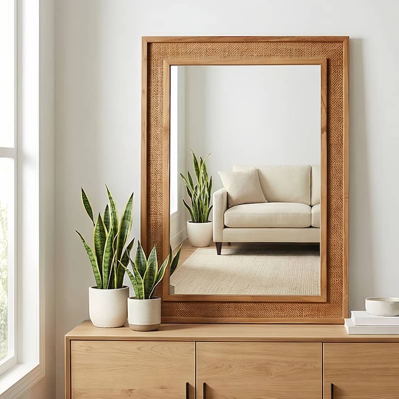 Rattan Rectangle Solid Wood Frame Decorative Mirror