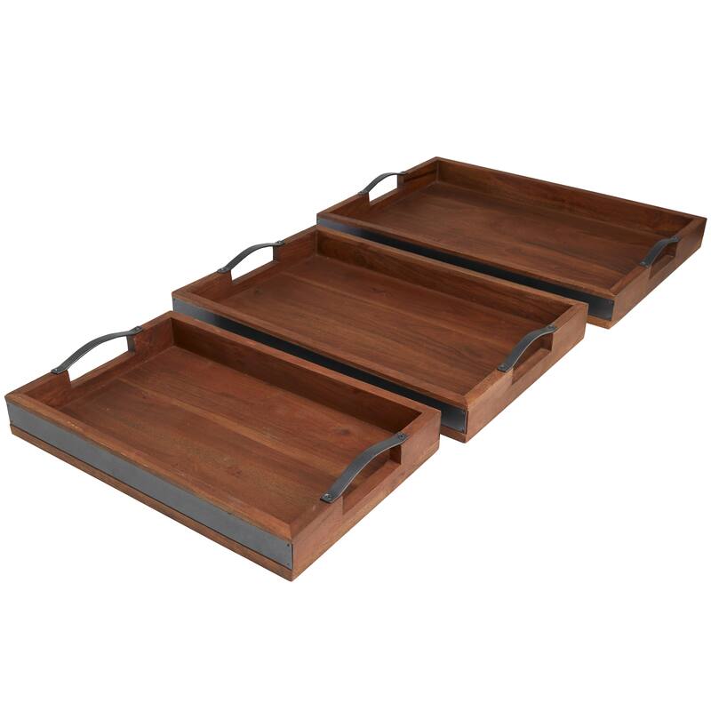 Mango Wood Tray with Sleek Black Metal Handles (Set of 3) - Brown or Cream