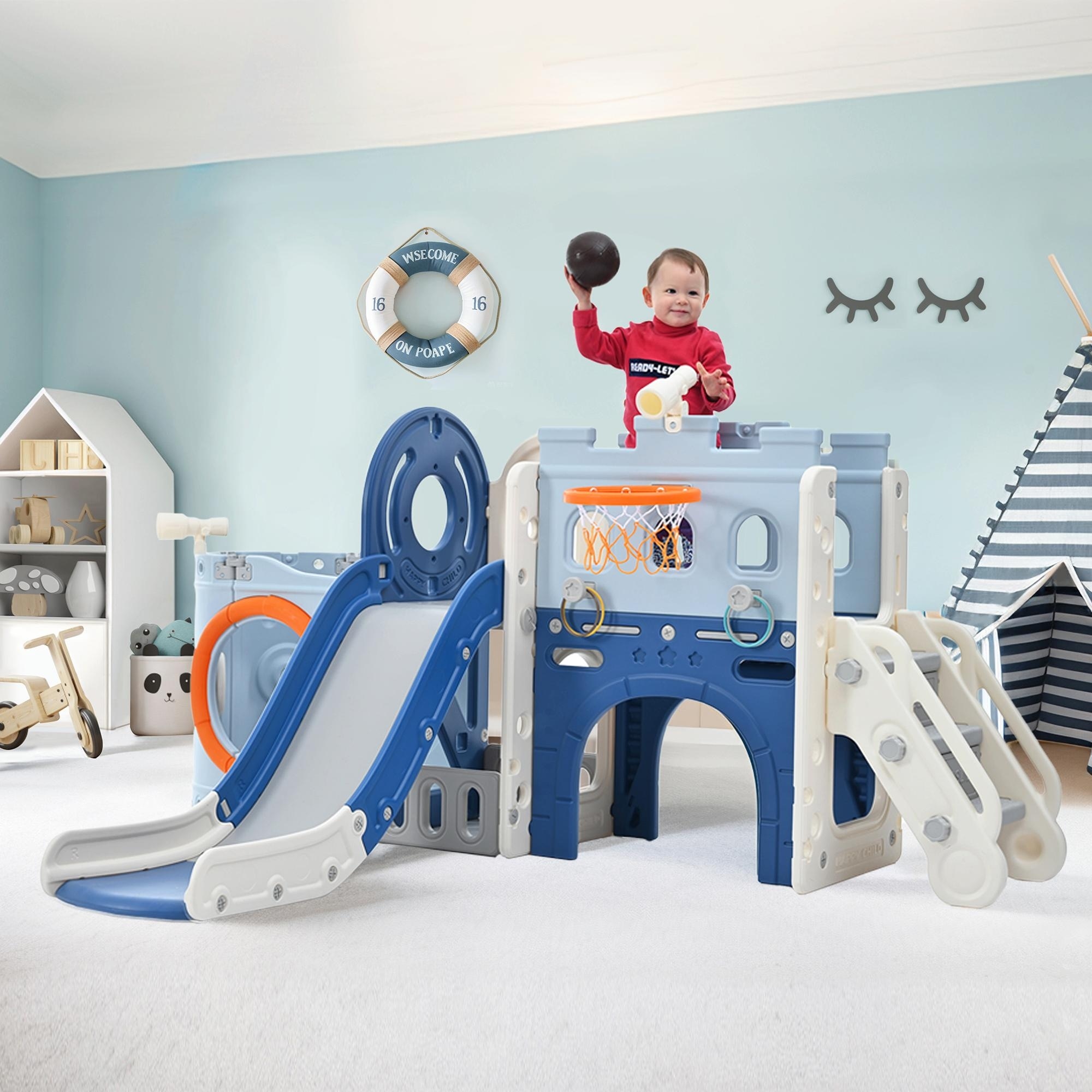 10-in-1 Pirate Ship Toddler Slide Set - Slide, Basketball Hoop