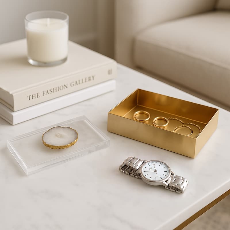 Decorative Box with Lid & Agate Stone Knob - 7", Gold & White - 7.0"