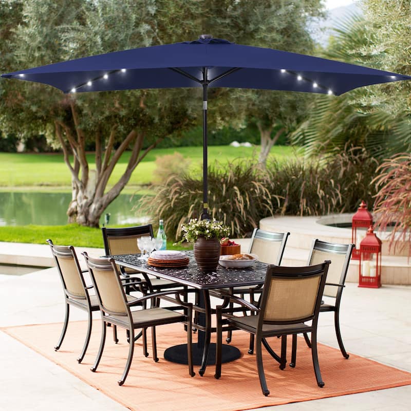 LIVOOSUN 10x6.5ft Steel Solar-Powered LED Patio Umbrella,w/Crank Tilt - Navy Blue