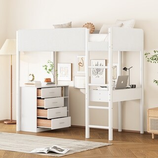 Loft Bed wDrawers, Teddy Fabric Guardrail, Desk(Fold Desktop), Shelves