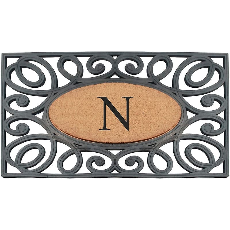 A1HC Rubber and Coir Elegant Circles, Monogrammed Double Door Doormat, Black/Beige - 23"X38" - N