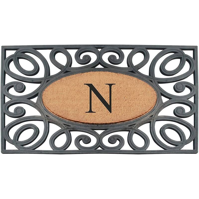 A1HC Rubber and Coir Elegant Circles Monogrammed Double Door Doormat 23"X38" - 23"X38" Black - N