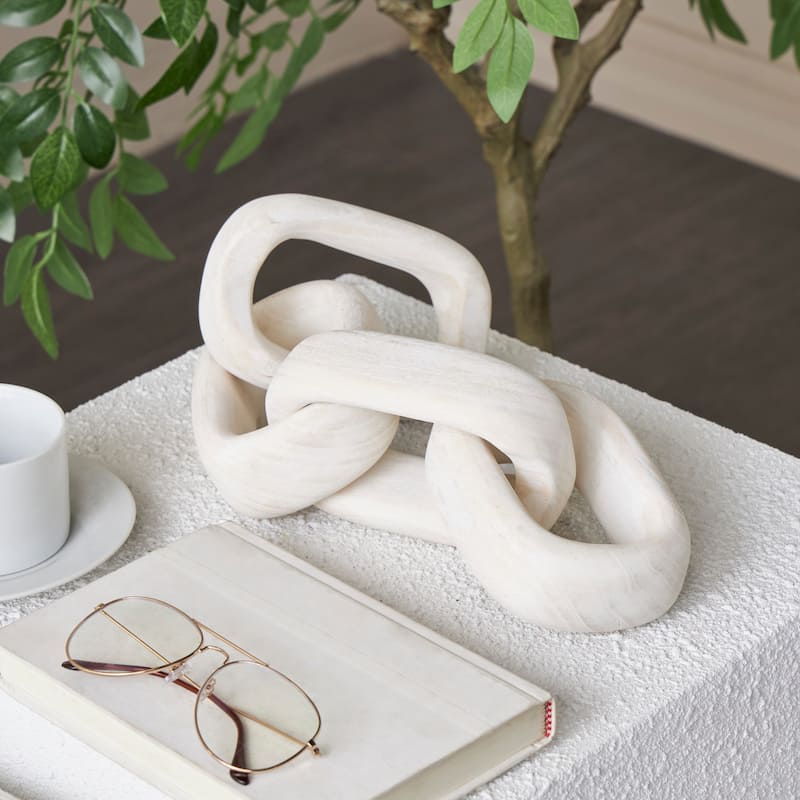 Cream Wood 4 Link Chain Decorative Sculpture with Natural Wood Grains - Cream
