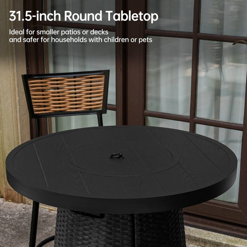 31.5" Wicker Propane Bar Height Fire Pit Table, 40,000 BTU Outdoor Round Gas Fire Table with Fire Glass Stone