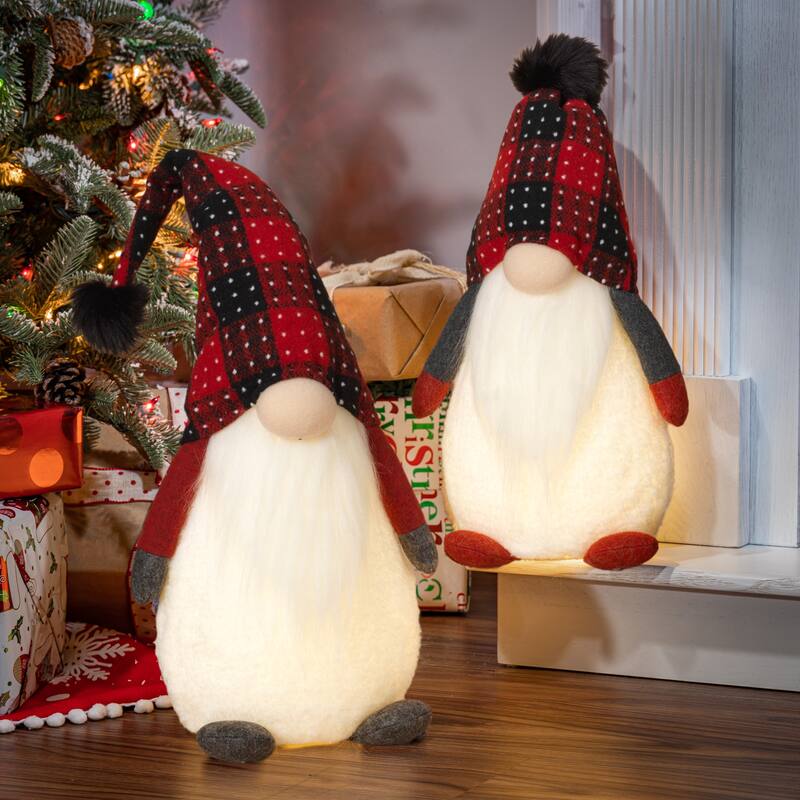 Set of 2 Red and Black Plaid Christmas Holiday Lighted Gnomes