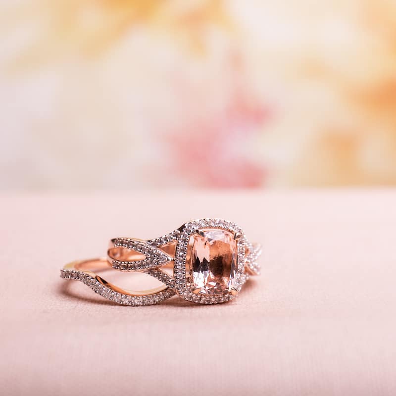 Halo Crossover Morganite 1/4ct TDW Diamond 10k Rose Gold Bridal Set by Miadora