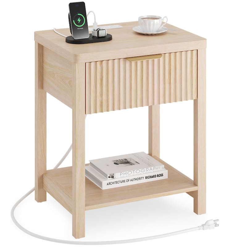Nightstand with Drawers Fluted Bedside Table with Charging Station