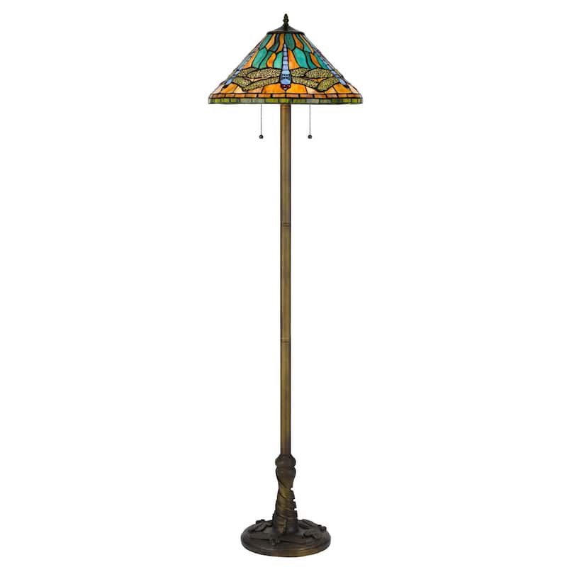 63" Brass Two Light Traditional Floor Lamp with Blue Orange Tiffany Glass - 17.50" x 17.50" x 62.50" - Brass