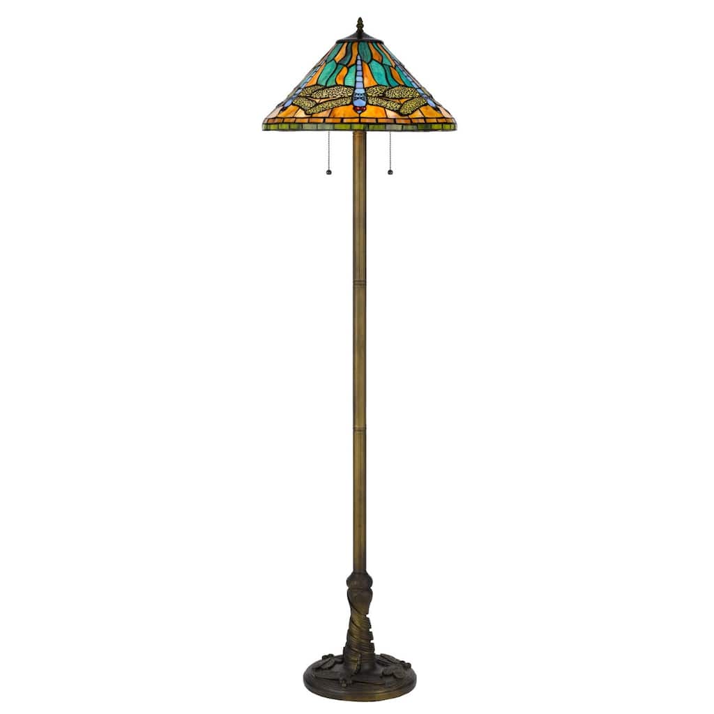 63" Brass Two Light Traditional Floor Lamp with Blue Orange Tiffany Glass - 17.50" x 17.50" x 62.50"