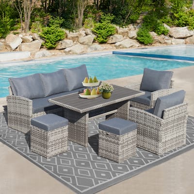Light Grey PE Wicker Rattan Sectional Sofa Set with Polywood Table