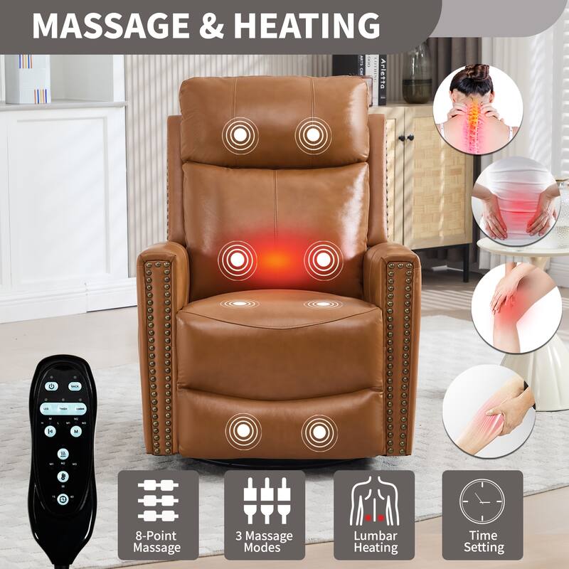 Genuine Leather Manual Recliner Chair with Heat & Massage, Adjustable Heavy Duty Reclining, Swivel Recliner Chair with Rocker
