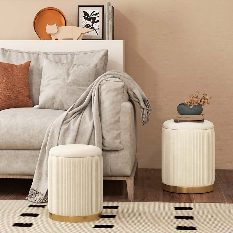 Costway Velvet Storage Ottoman Set of 2 Modern Round Ottoman with - See Details