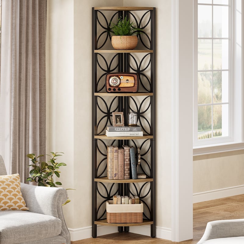 6-Tier Corner Shelf, Industrial 70.9" Rustic Corner Bookshelf Display Shelf - Black Brown