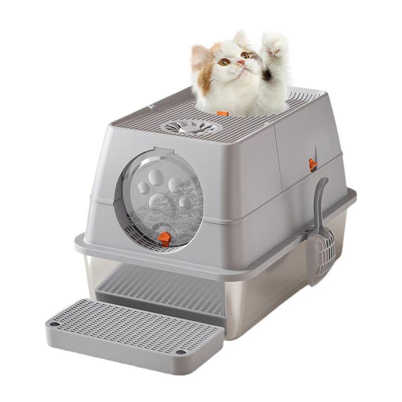 Large Stainless Steel Enclosed Cat Litter Box with Lid, Metal Kitty Litter Box with Flip Cover, Removable Top and Litter Scooper - Grey