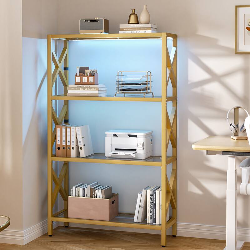 Modern Gold Bookshelf with Tempered Glass Shelves, 3-5 Tires Display Storage Shelving - 4-Tier