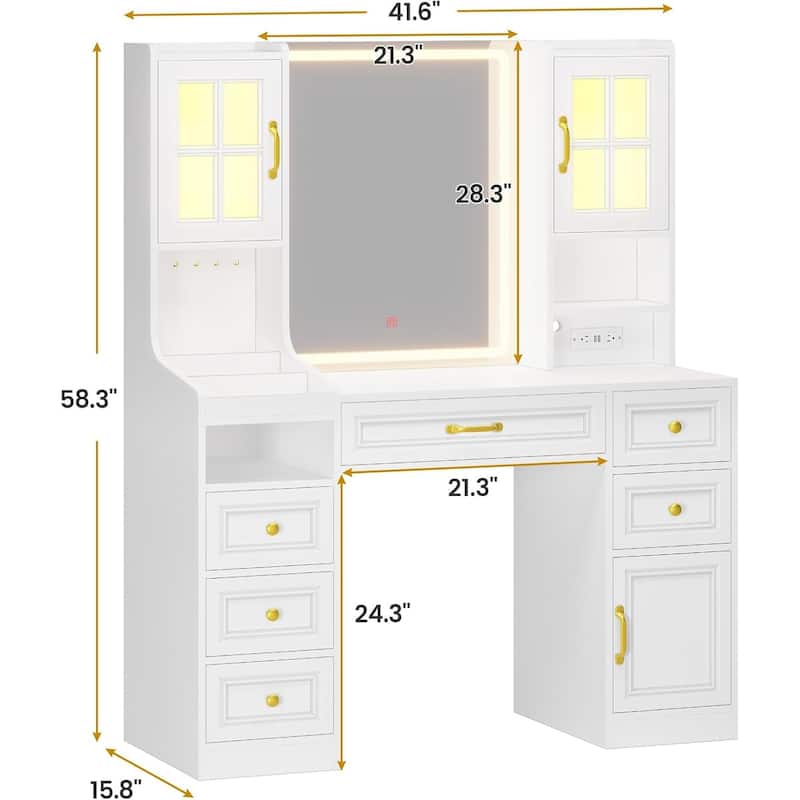 Vanity Desk Touch Screen Mirror Cabinets 6 Drawers 5 Jewelry Hooks