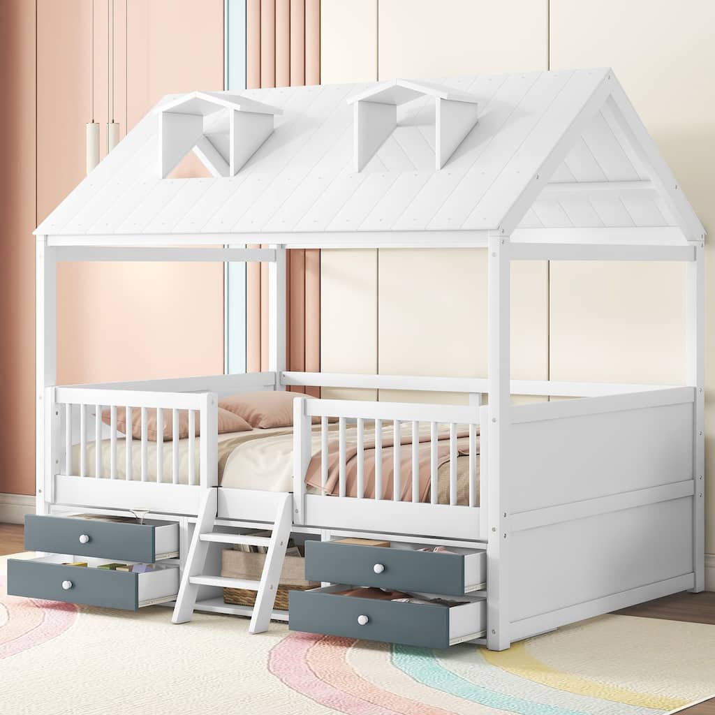 House Bed Wood Low Loft Bed House-shape Frame Bed with 2 Roof Skylights, Kids Storage Bed with 4 Drawers, Guardrail and Stairs
