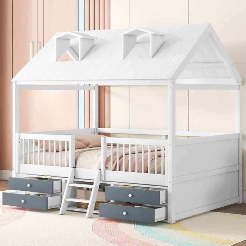 Twin/Full Size Wooden Platform Bed with 4 Drawers and Shelf, Pinewood House Bed Frame with Roof Skylights and Guardrail