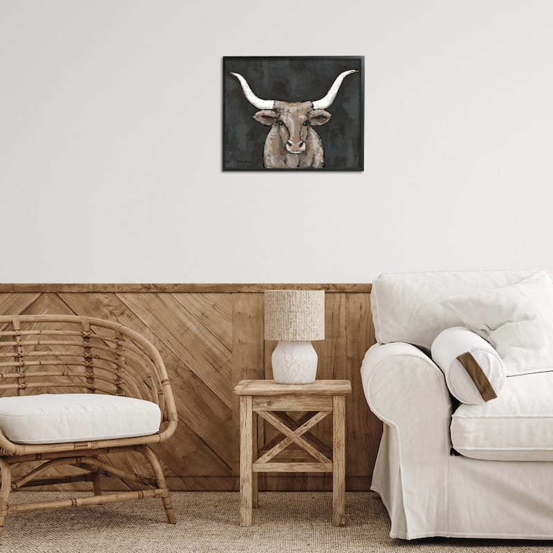 Stupell Longhorn on Murky Grey Framed Giclee Art Design By Sara Baker