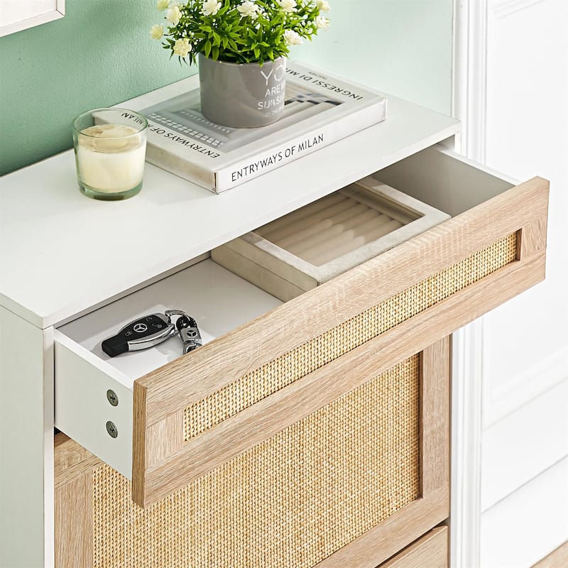 Rattan Shoe Cabinet with 3 Flip Door 1 Drawer Wooden Free Standing Shoe Racks, Shoe Storage Organizer Shoe Rack - 24x9.4x53.7in