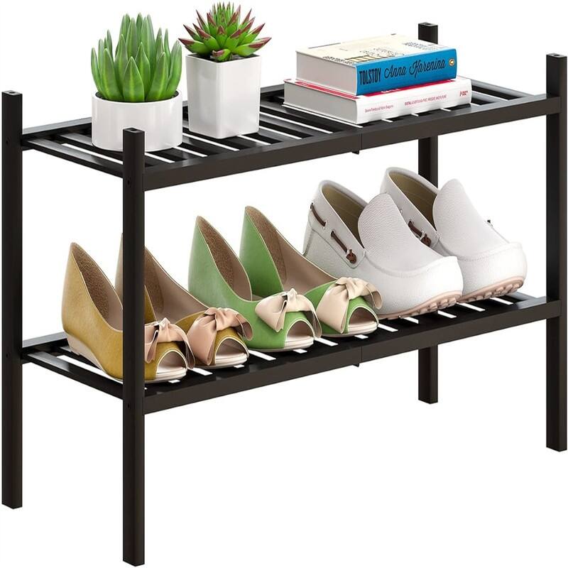 Bamboo Shoe Rack Stackable Shoe Shelf Storage Organizer for Unit Entryway - 12.6"D x 27"W x 11"H - Black