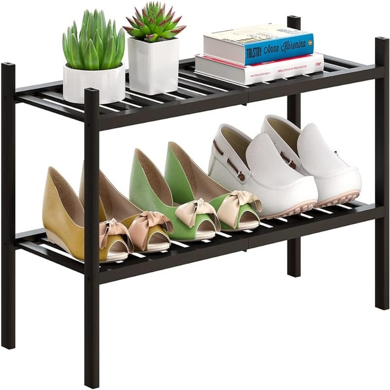 Bamboo Shoe Rack Stackable Shoe Shelf Storage Organizer for Unit Entryway - 12.6"D x 27"W x 11"H