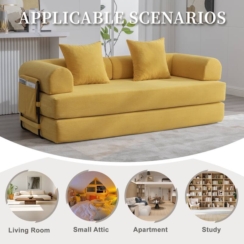 Foldable Modular Couch Sleeper Loveseat Sofa Bed with Storage Side Pocket, Detachable Metal Frame and Corduroy Fabric Cover