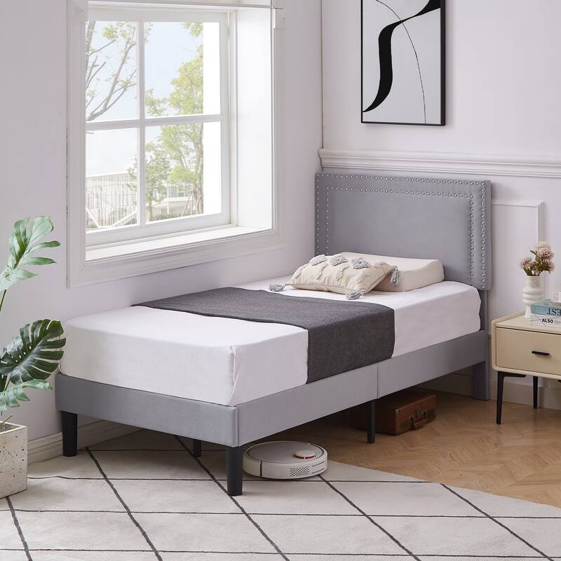 Upholstered Platform Bed Frame with Adjustable Headboard, Velvet Nailhead Trim, No Box Spring Needed
