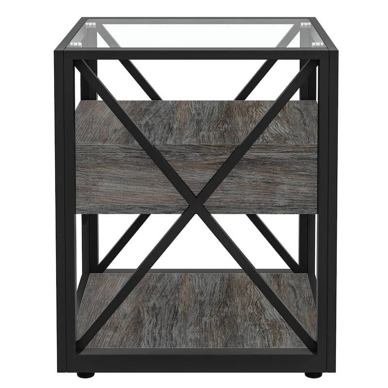 1 piece Modern End Table with Drawer - Nightstand,Rustic Wood Grain MDF& Tempered Glass Top,Industrial Style Side Table
