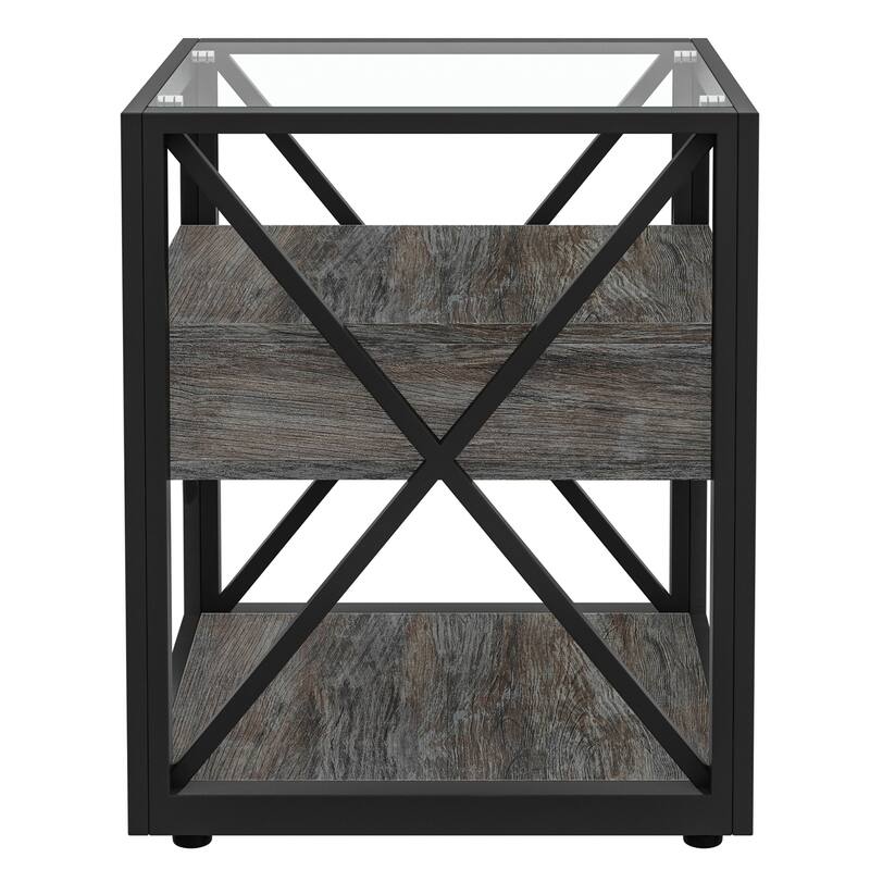 Set Of 2 Modern End Table With Drawer - Nightstand For,Rustic Wood Grain Mdf&Tempered Glass Top, Industrial Style Side Table
