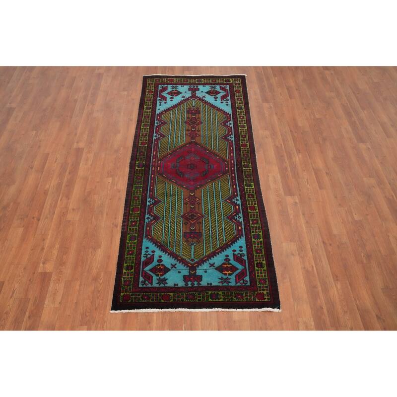 Hand Knotted Oriental 100% Wool Carpet Traditional Tribal Navy Blue & Blues Ardebil Runner Rug - 7' 1'' X 3' 0''