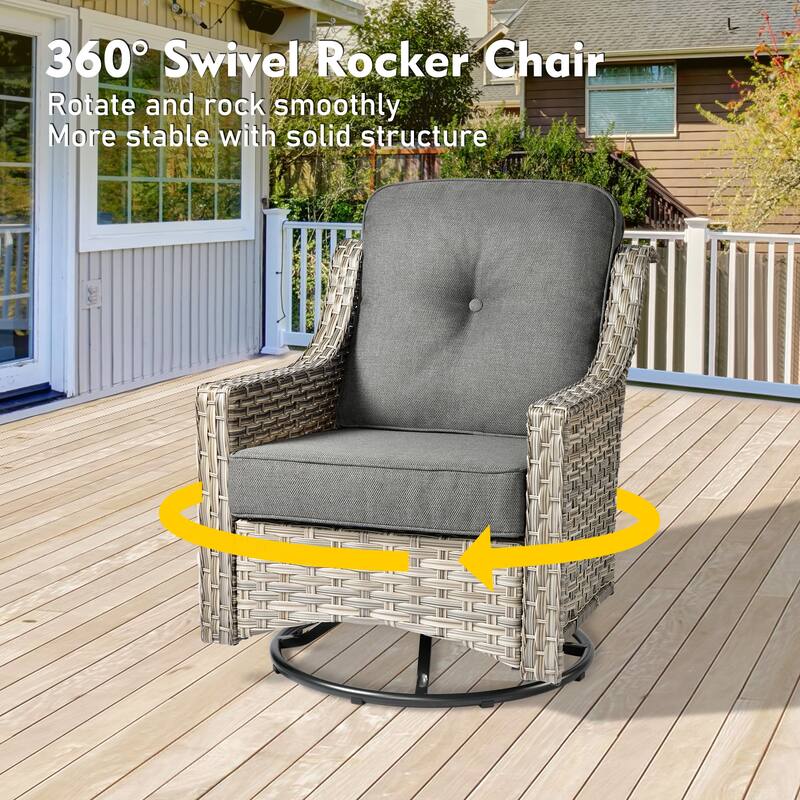 OVIOS 6 Pieces Outdoor Wicker Curved Swivel Chair Set With Fire Table
