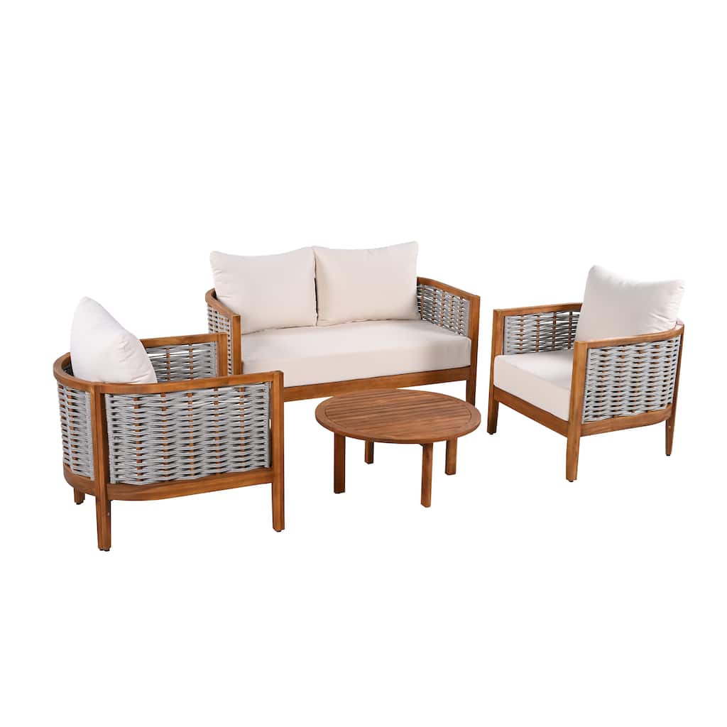 Patio Conversation Set with Loveseat & Coffee Table, Teak Beige Outdoor Seating Set for Backyard Garden